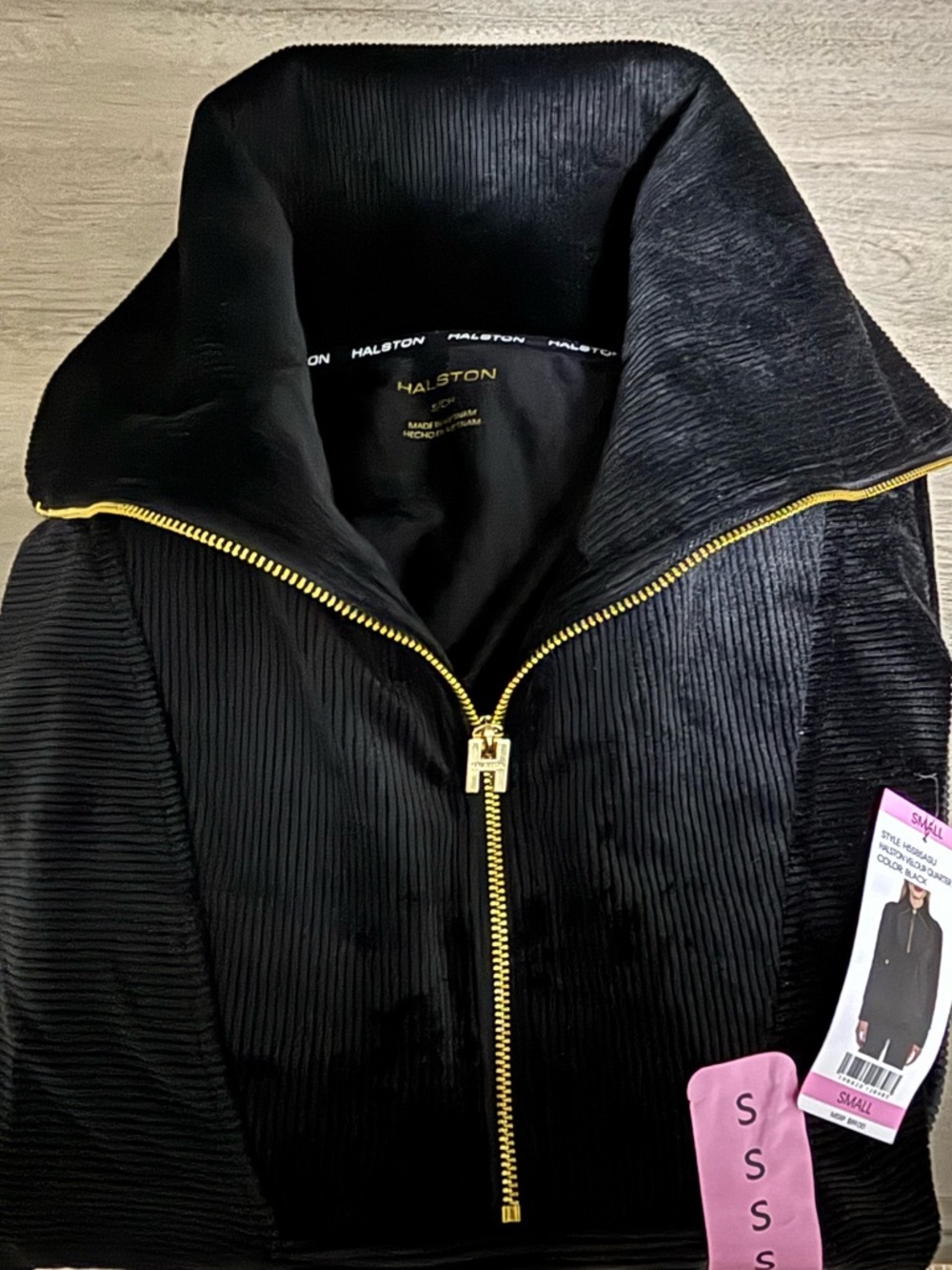 Halston Heritage Black Velour Ribbed Half-Zip Jacket, Gold Hardware, Size Small